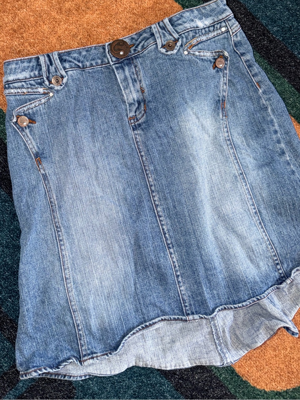 Vintage 2000s Y2K Candies low rise, kick pleat, denim mini skirt. Size 9